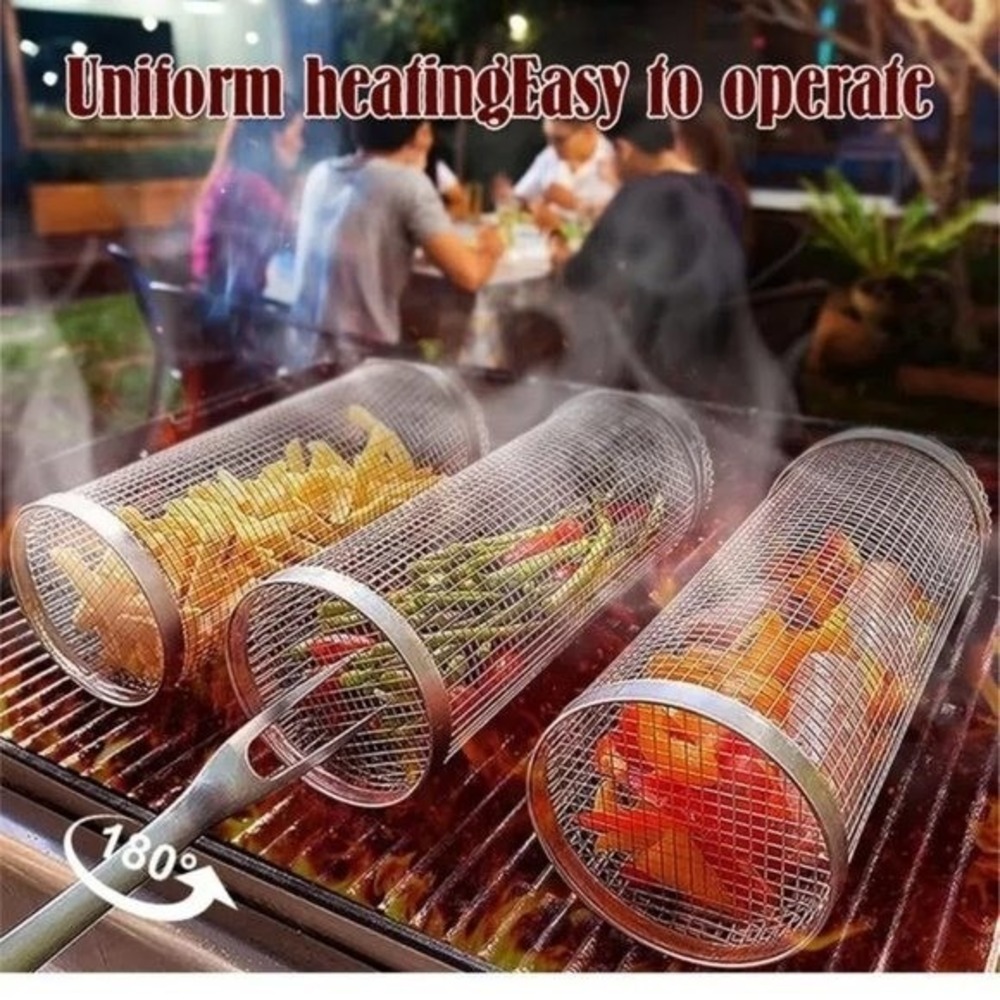 Stainless Steel Rolling Grill Basket 2 Pack BBQ Grilling Tool with Fork